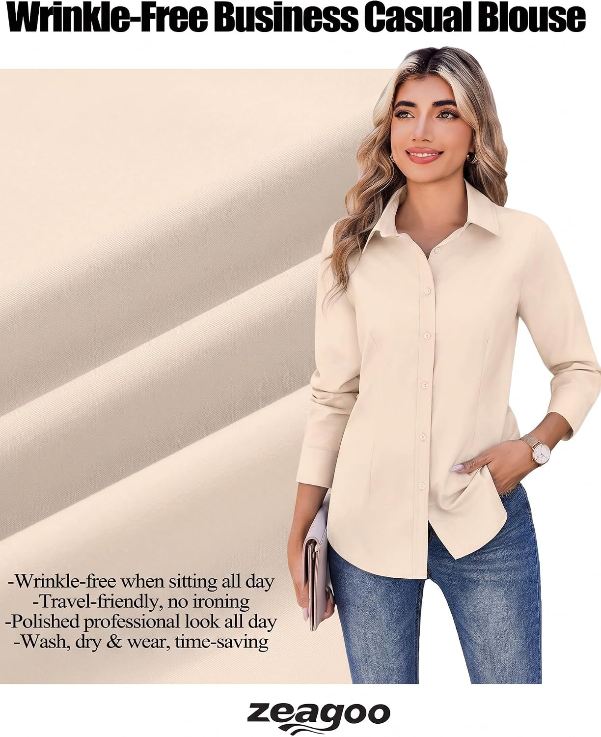 image:imageZeagoo Womens Wrinkle Free Button Down Shirts Long Sleeve Business TopsChampagne