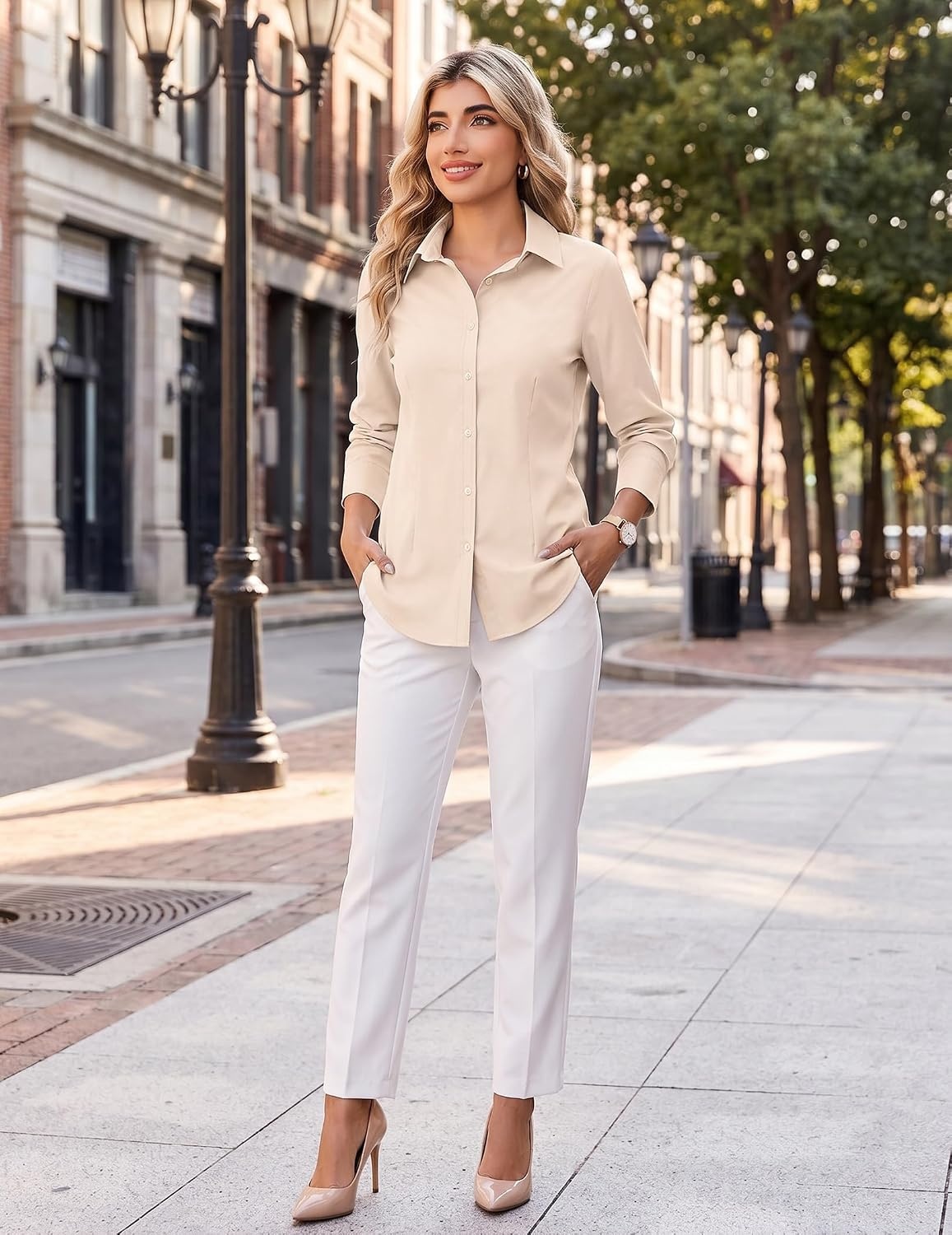 image:imageZeagoo Womens Wrinkle Free Button Down Shirts Long Sleeve Business TopsChampagne