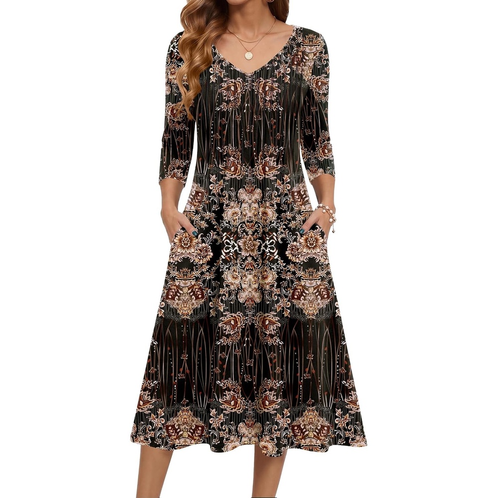 image:imageZeagoo 34 Sleeve Womens Dress Pleated Midi Casual Dresses with PocketsBlack Printed