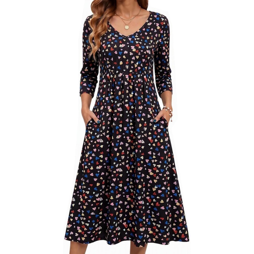 image:imageZeagoo 34 Sleeve Womens Dress Pleated Midi Casual Dresses with PocketsColorful Heart