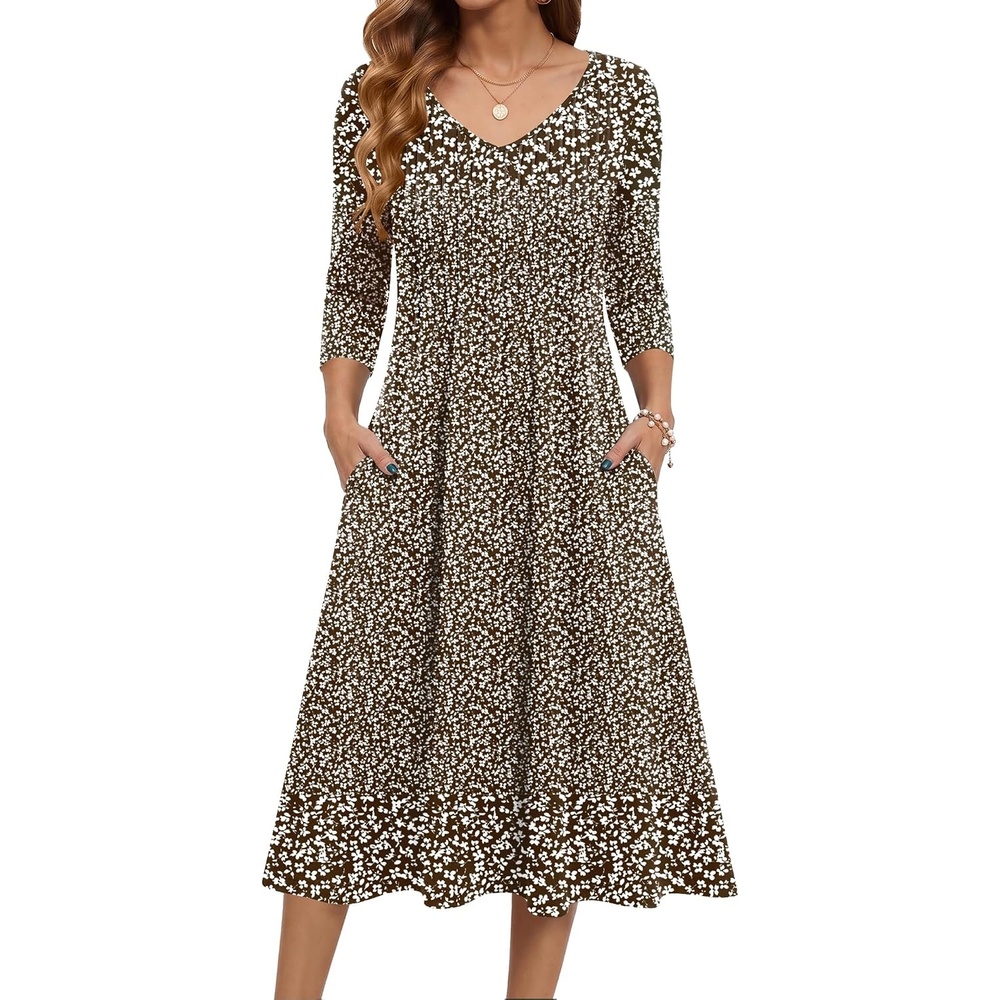 image:imageZeagoo 34 Sleeve Womens Dress Pleated Midi Casual Dresses with PocketsFloral Brown