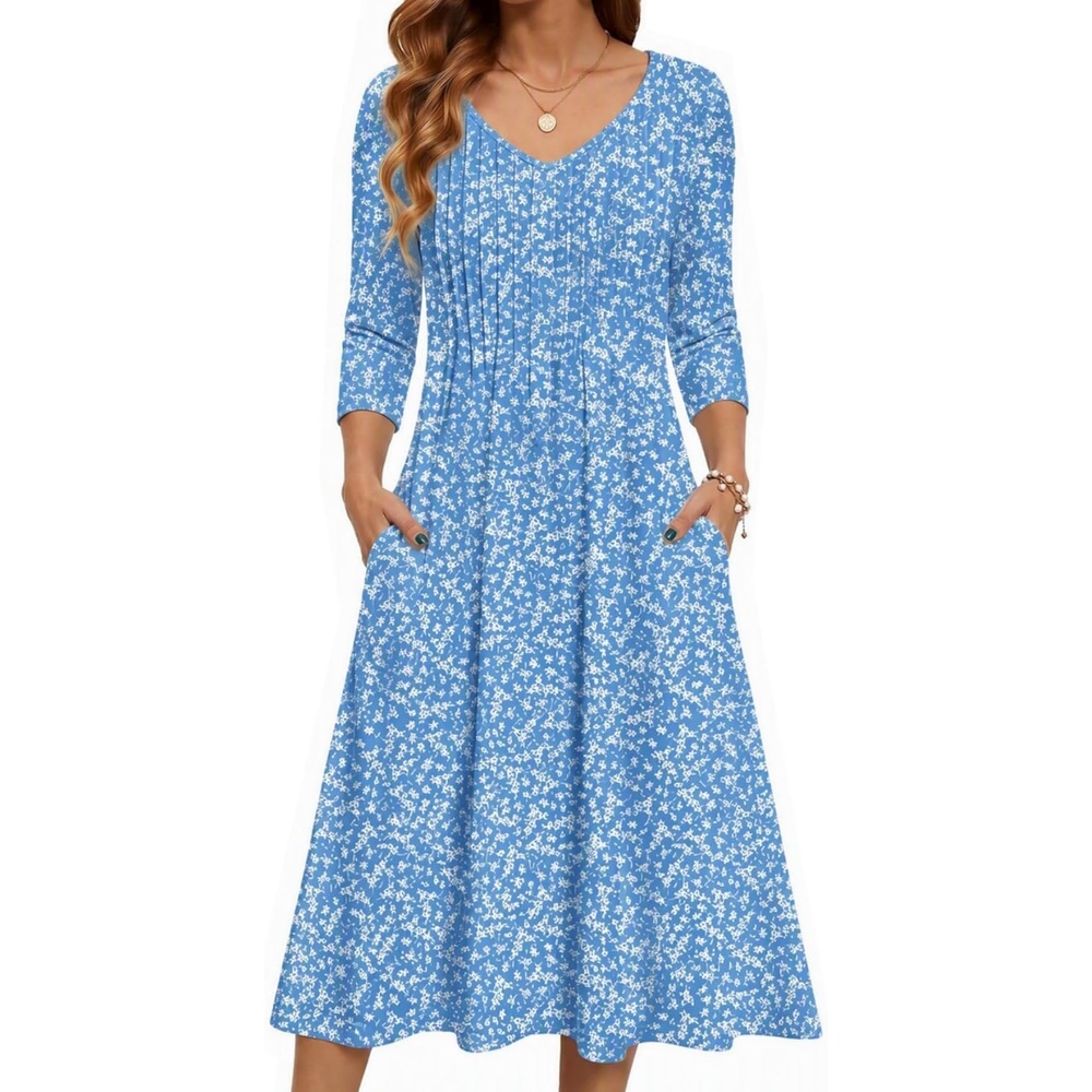 image:imageZeagoo 34 Sleeve Womens Dress Pleated Midi Casual Dresses with PocketsFlorallight Blue