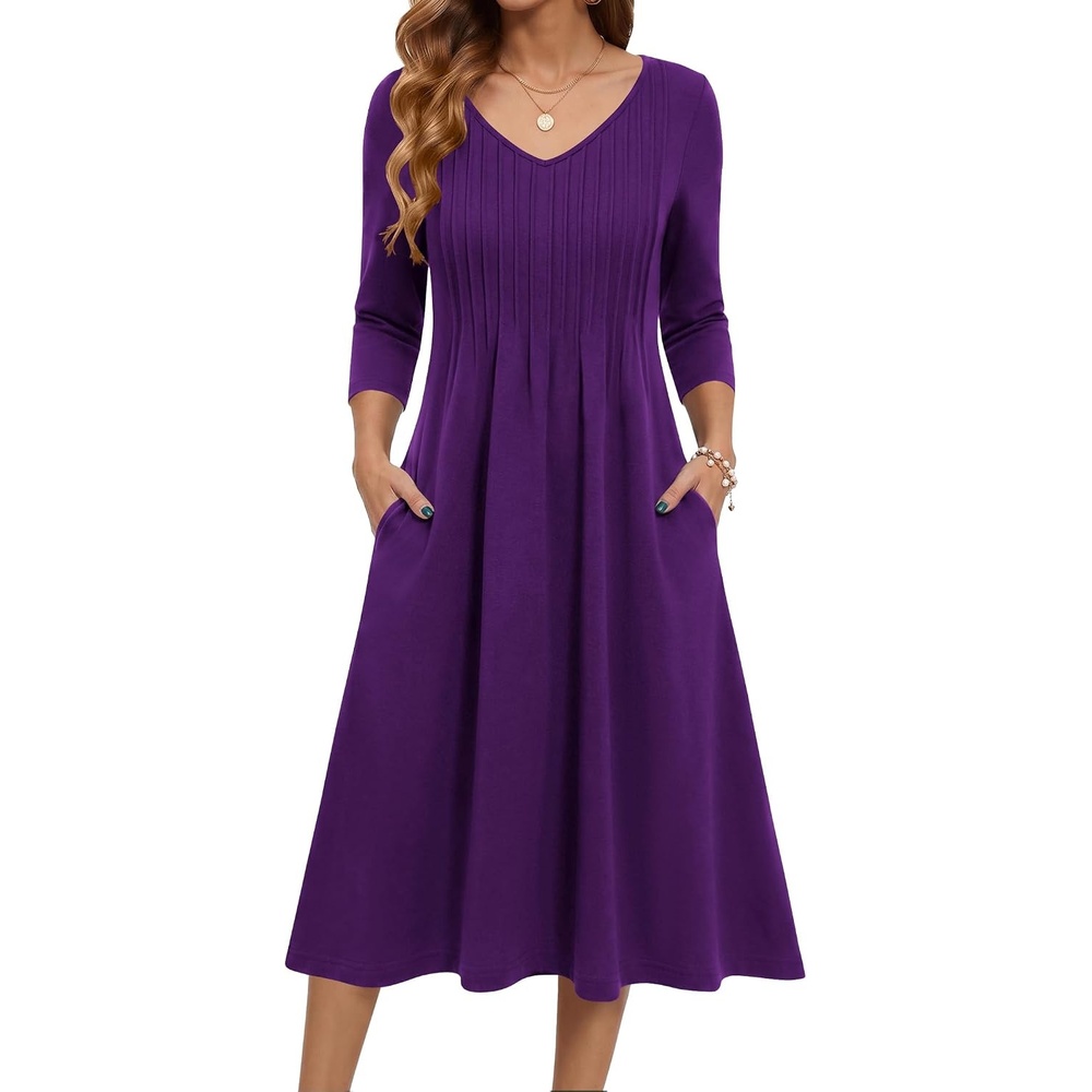 image:imageZeagoo 34 Sleeve Womens Dress Pleated Midi Casual Dresses with PocketsPurple
