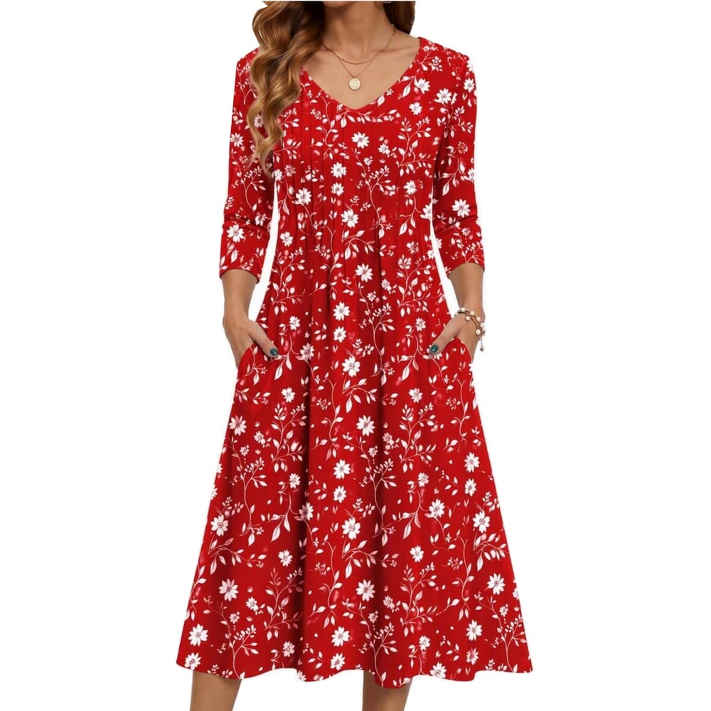 image:imageZeagoo 34 Sleeve Womens Dress Pleated Midi Casual Dresses with PocketsRed White Flowers
