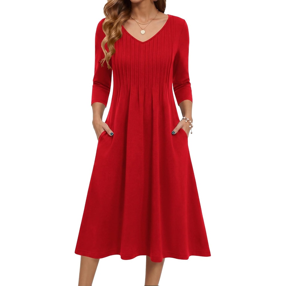 image:imageZeagoo 34 Sleeve Womens Dress Pleated Midi Casual Dresses with PocketsTrue Red