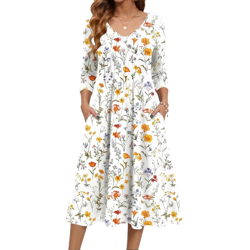 image:imageZeagoo 34 Sleeve Womens Dress Pleated Midi Casual Dresses with PocketsWhite Floral