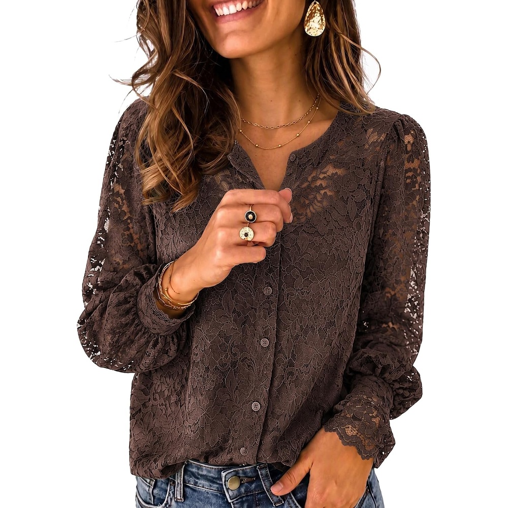 image:imageZeagoo Long Sleeve Shirts for Women Lace Top Button Up Blouse Dressy CasualBrown