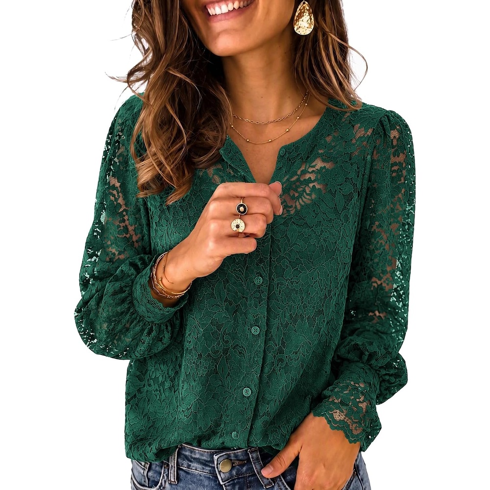 image:imageZeagoo Long Sleeve Shirts for Women Lace Top Button Up Blouse Dressy CasualGreen