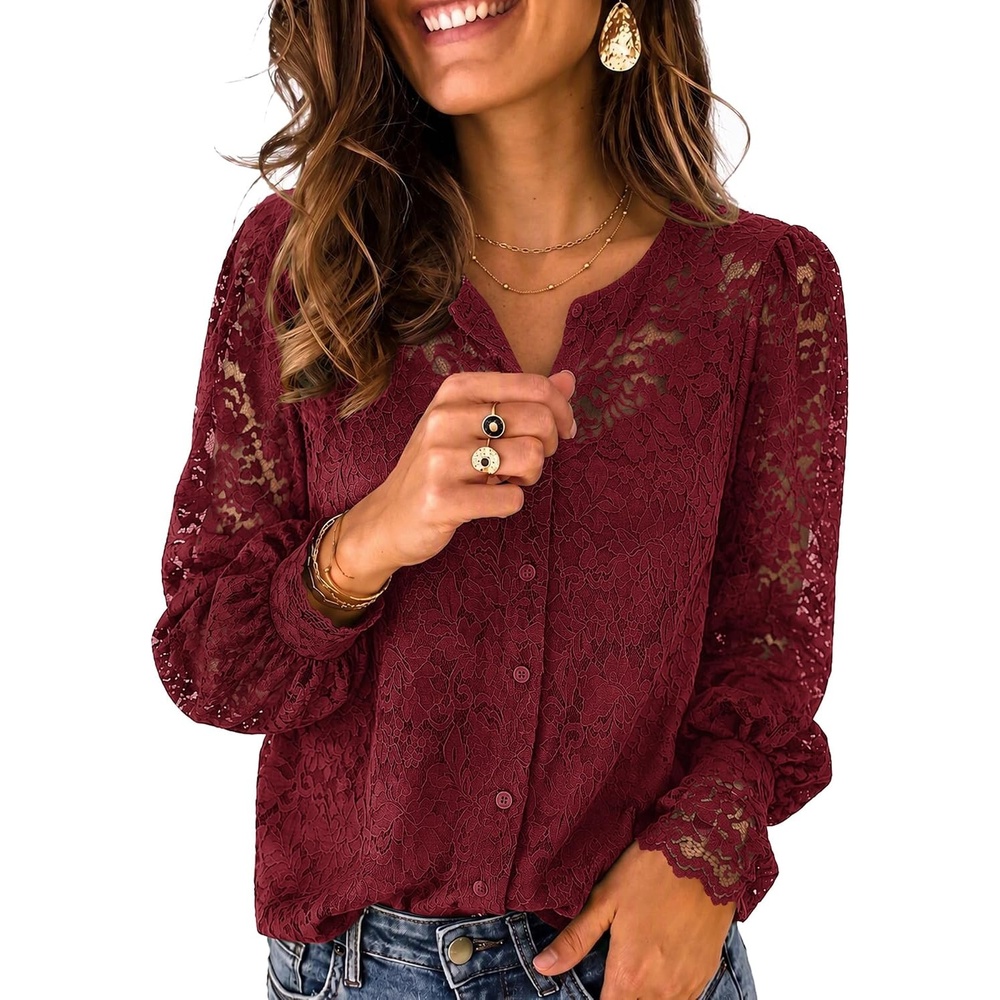 image:imageZeagoo Long Sleeve Shirts for Women Lace Top Button Up Blouse Dressy CasualWine Red