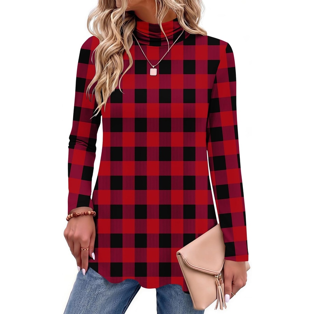 image:imageZeagoo Long Sleeve Shirts for Women Turtleneck Work Casual Tunic TopsBuffalo Black Red