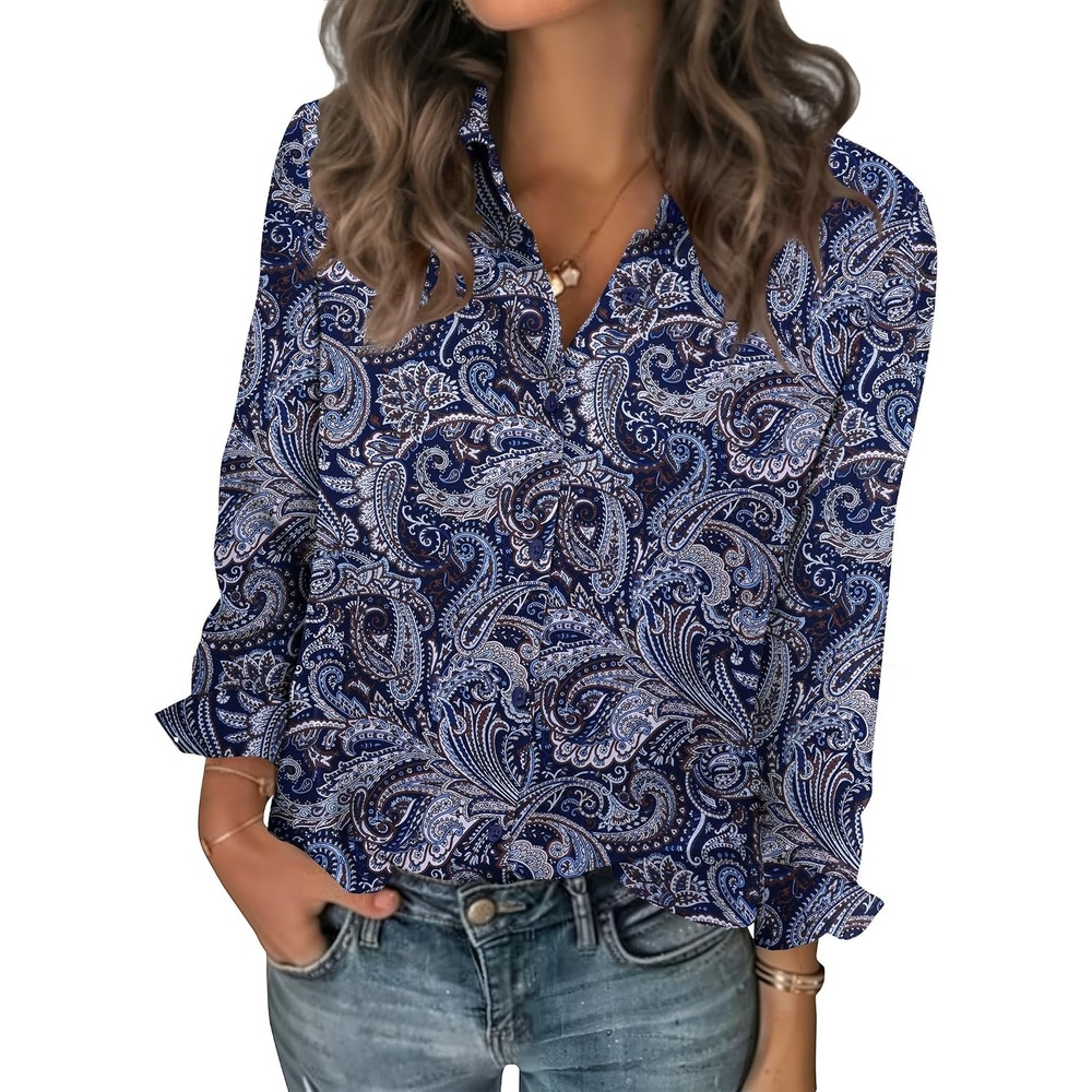 image:imageZeagoo Women Blouses Chiffon Long Sleeve Button Down Shirts Business TopsPaisley Navy