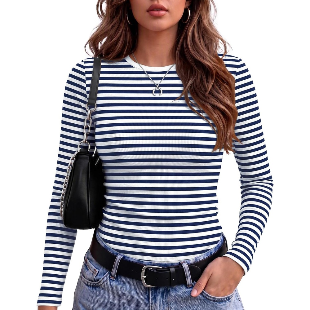 image:imageZeagoo Women Long Sleeve Shirts Ribbed Tops Crewneck Basic TeeNavy Blue Stripe
