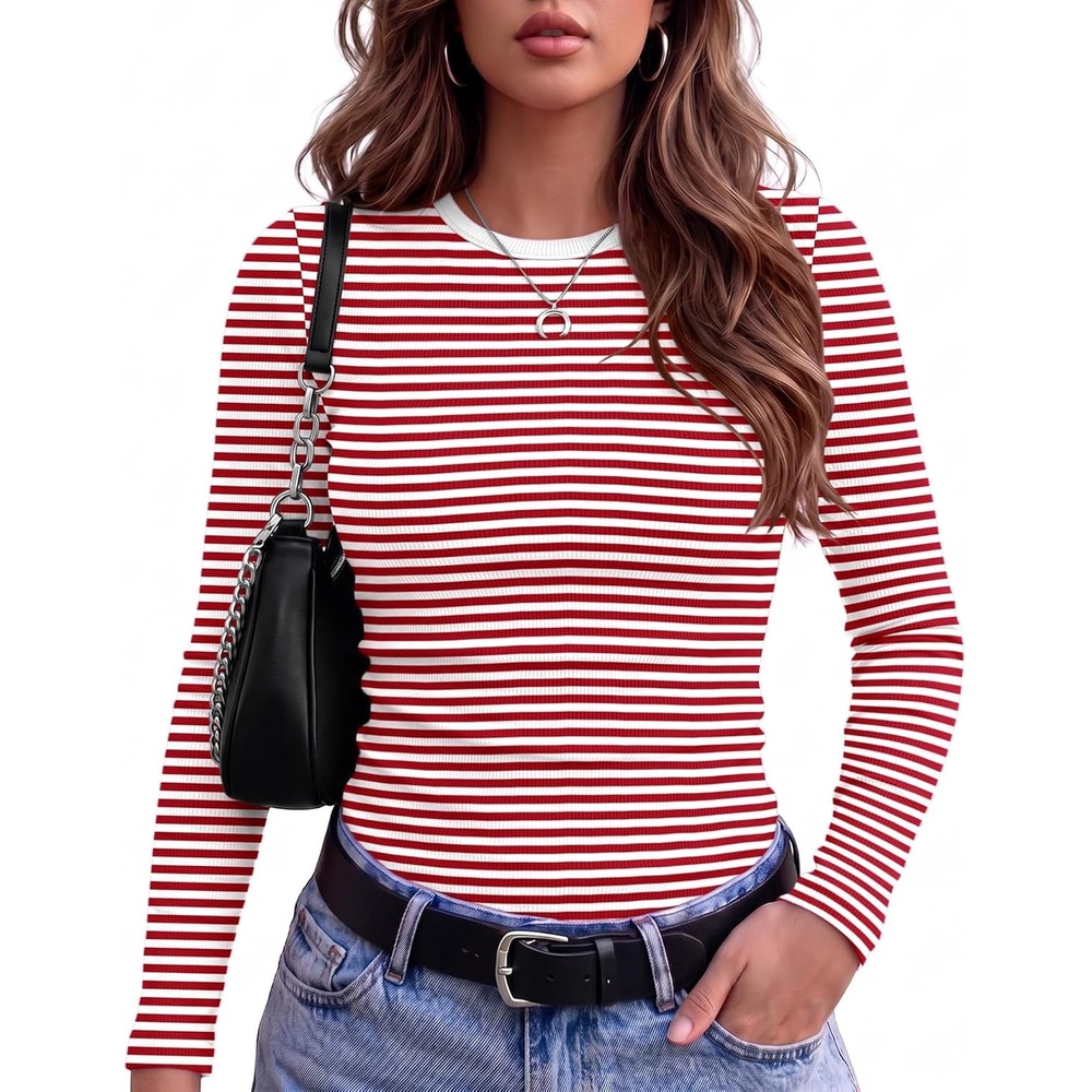 image:imageZeagoo Women Long Sleeve Shirts Ribbed Tops Crewneck Basic TeeRed White Stripe