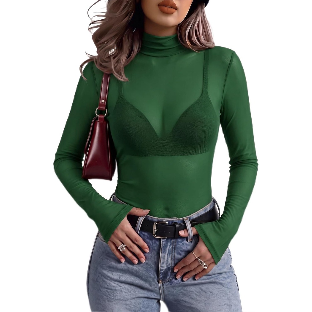 image:imageZeagoo Women Mesh Sheer Top Long Sleeve Sexy Shirt Slim Fitted Fall ClothesGreen
