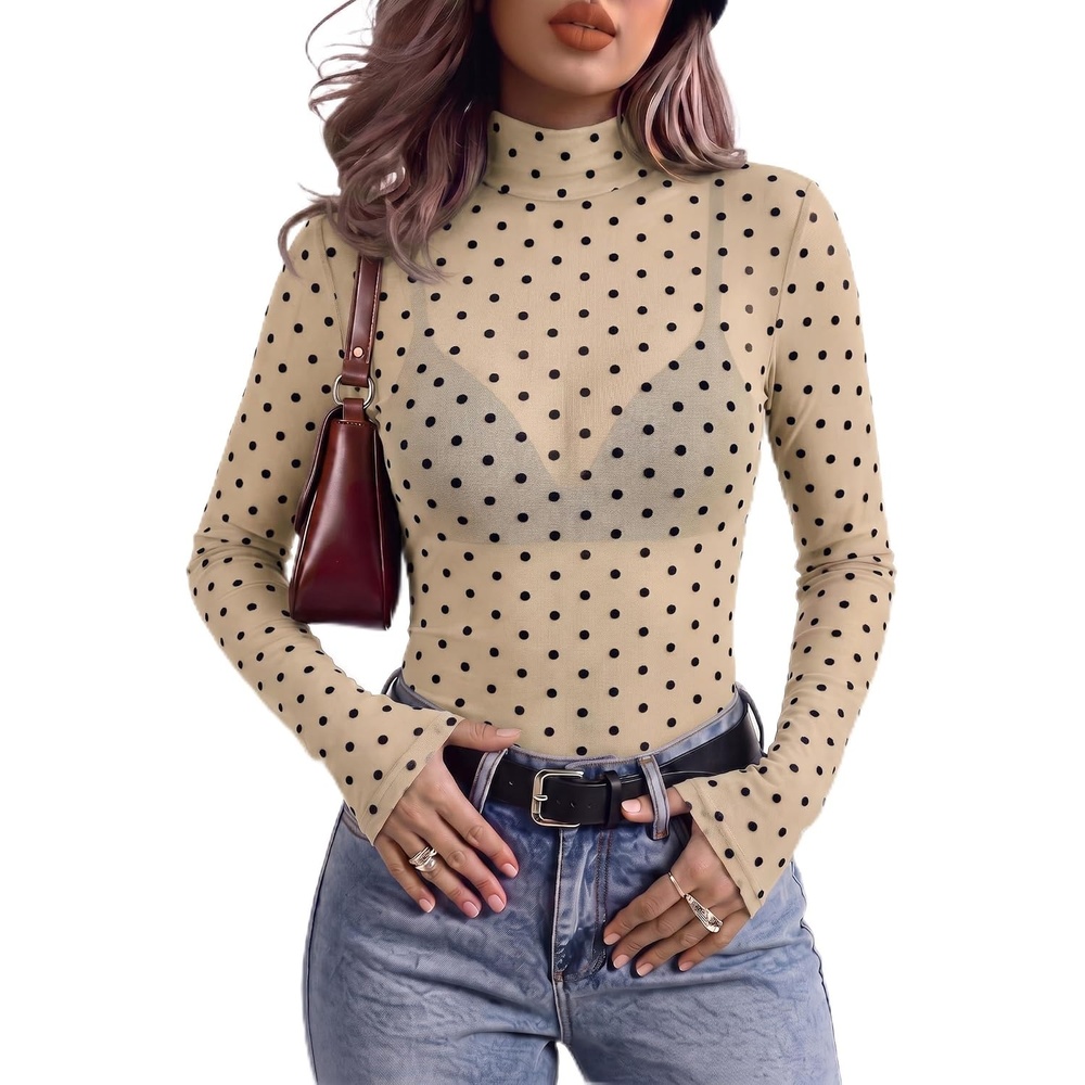 image:imageZeagoo Women Mesh Sheer Top Long Sleeve Sexy Shirt Slim Fitted Fall ClothesPolka Dotjh749