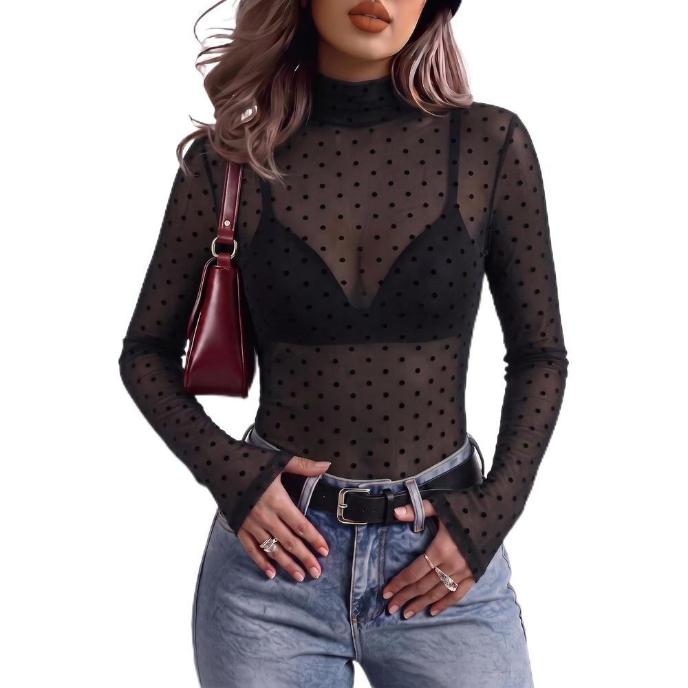 image:imageZeagoo Women Mesh Sheer Top Long Sleeve Sexy Shirt Slim Fitted Fall ClothesPolka Dotjh79