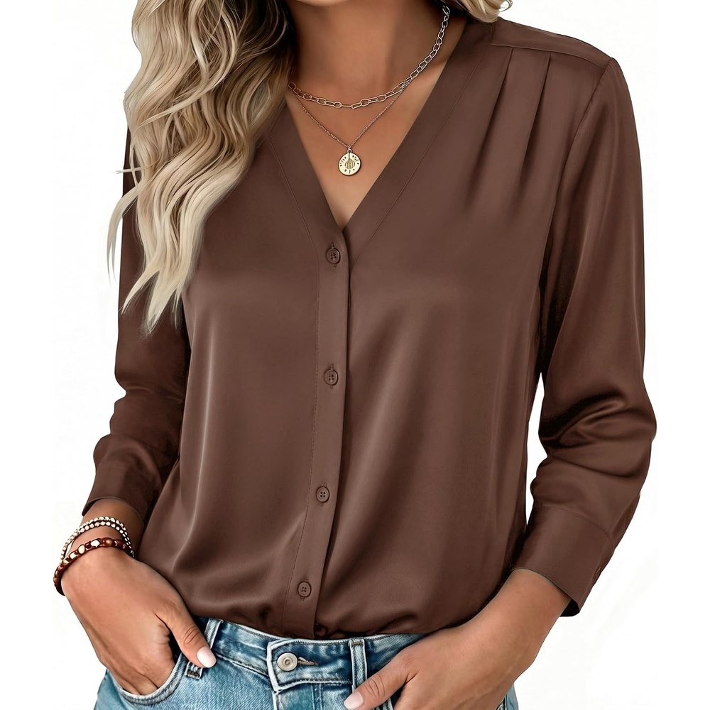 image:imageZeagoo Women Satin Silk Blouses V Neck Long Sleeve Button Down Shirts TopsBrown