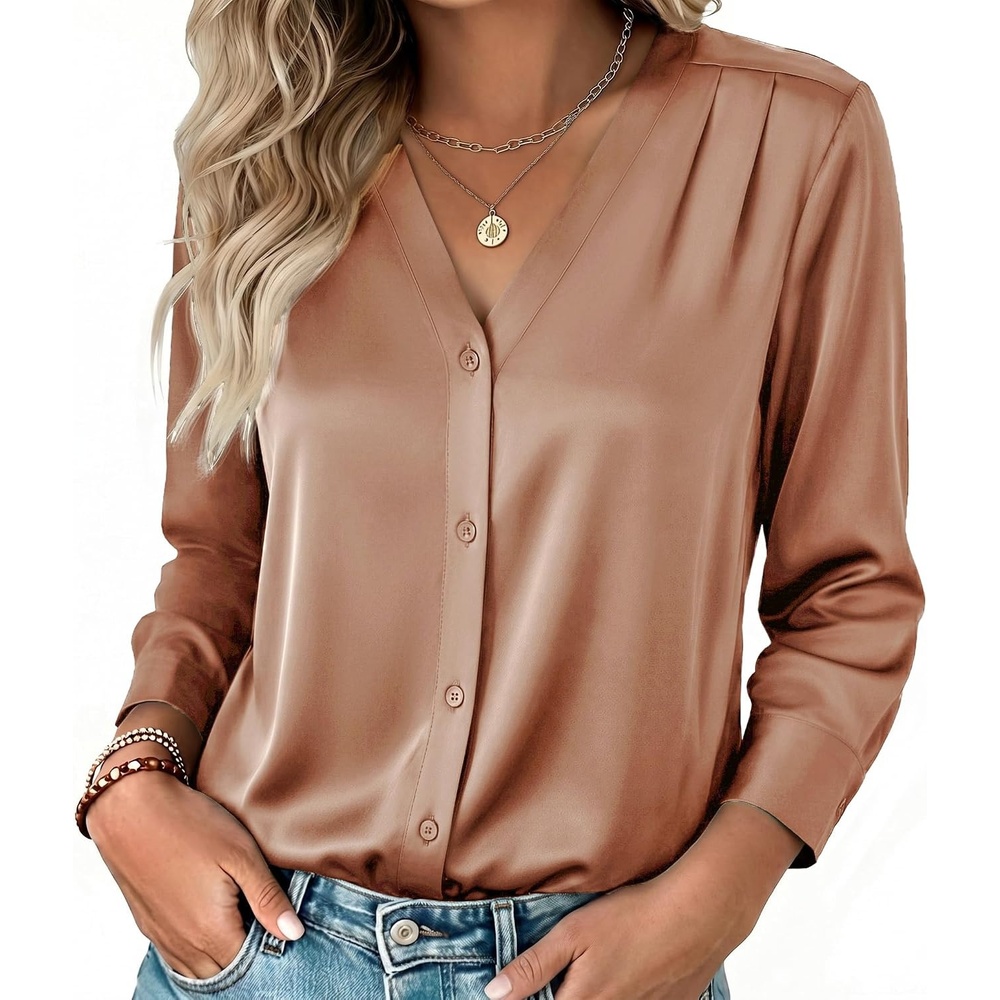 image:imageZeagoo Women Satin Silk Blouses V Neck Long Sleeve Button Down Shirts TopsCamel
