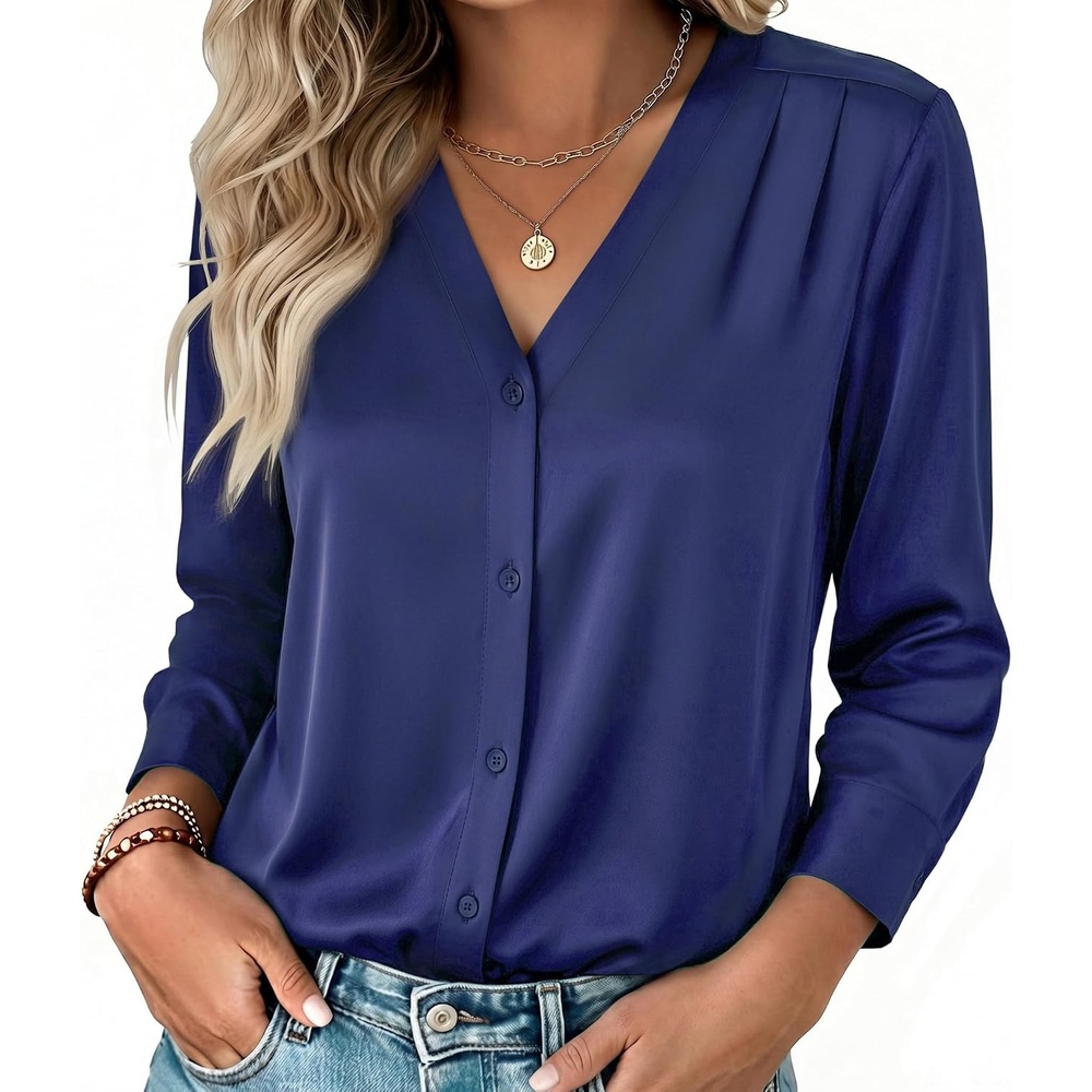 image:imageZeagoo Women Satin Silk Blouses V Neck Long Sleeve Button Down Shirts TopsDark Blue