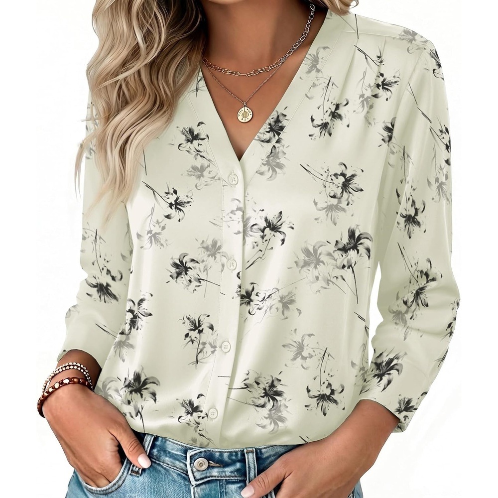 image:imageZeagoo Women Satin Silk Blouses V Neck Long Sleeve Button Down Shirts TopsDh1018