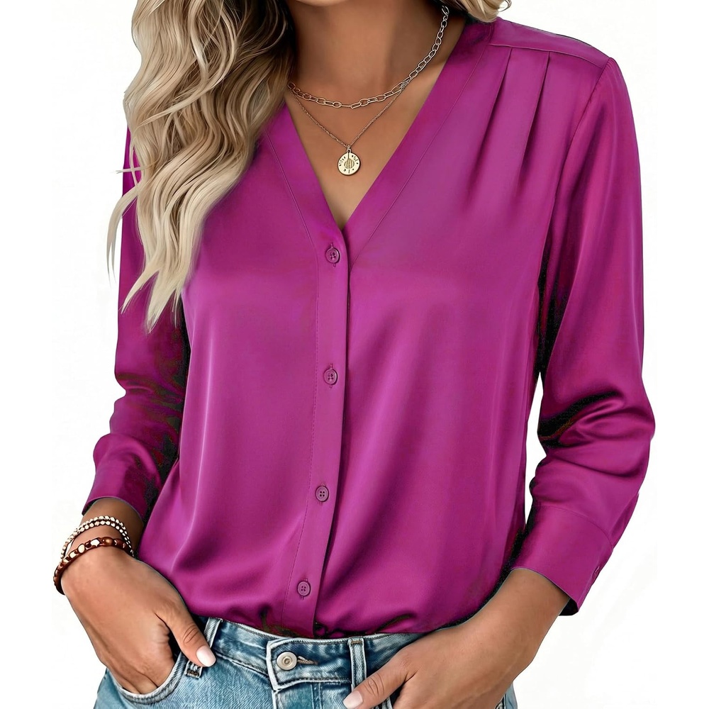 image:imageZeagoo Women Satin Silk Blouses V Neck Long Sleeve Button Down Shirts TopsRose Red