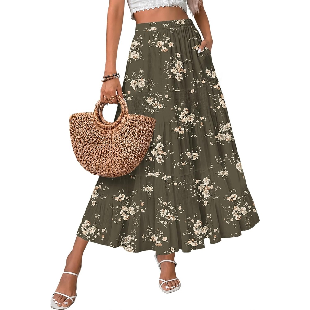 image:imageZeagoo Womens Chiffon Elastic High Waist Pleated Maxi Skirt with PocketsBf387