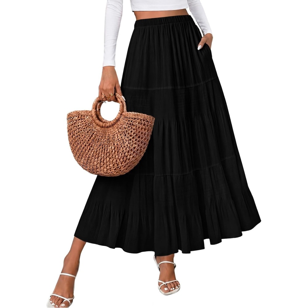 image:imageZeagoo Womens Chiffon Elastic High Waist Pleated Maxi Skirt with PocketsBlack
