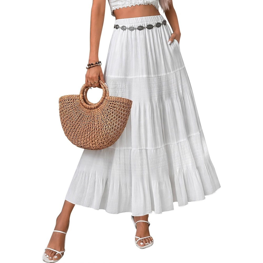image:imageZeagoo Womens Chiffon Elastic High Waist Pleated Maxi Skirt with PocketsWhite