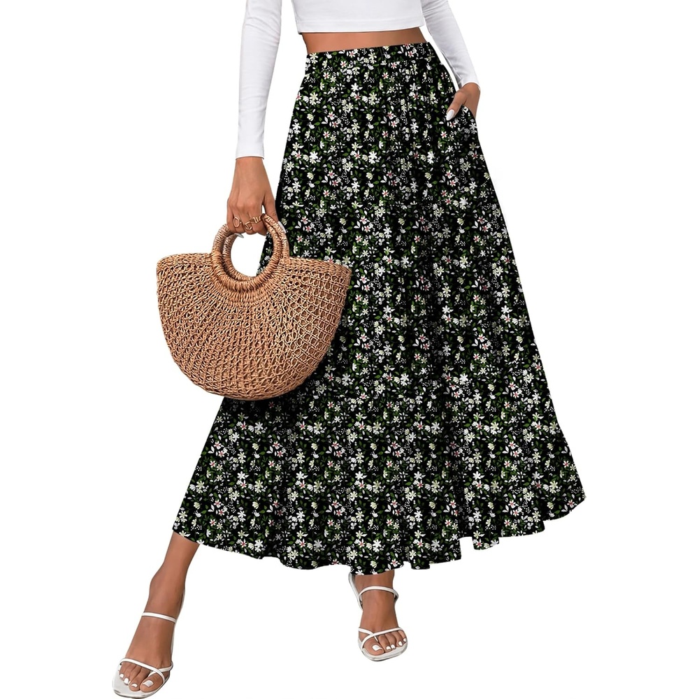image:imageZeagoo Womens Chiffon Elastic High Waist Pleated Maxi Skirt with PocketsXh577