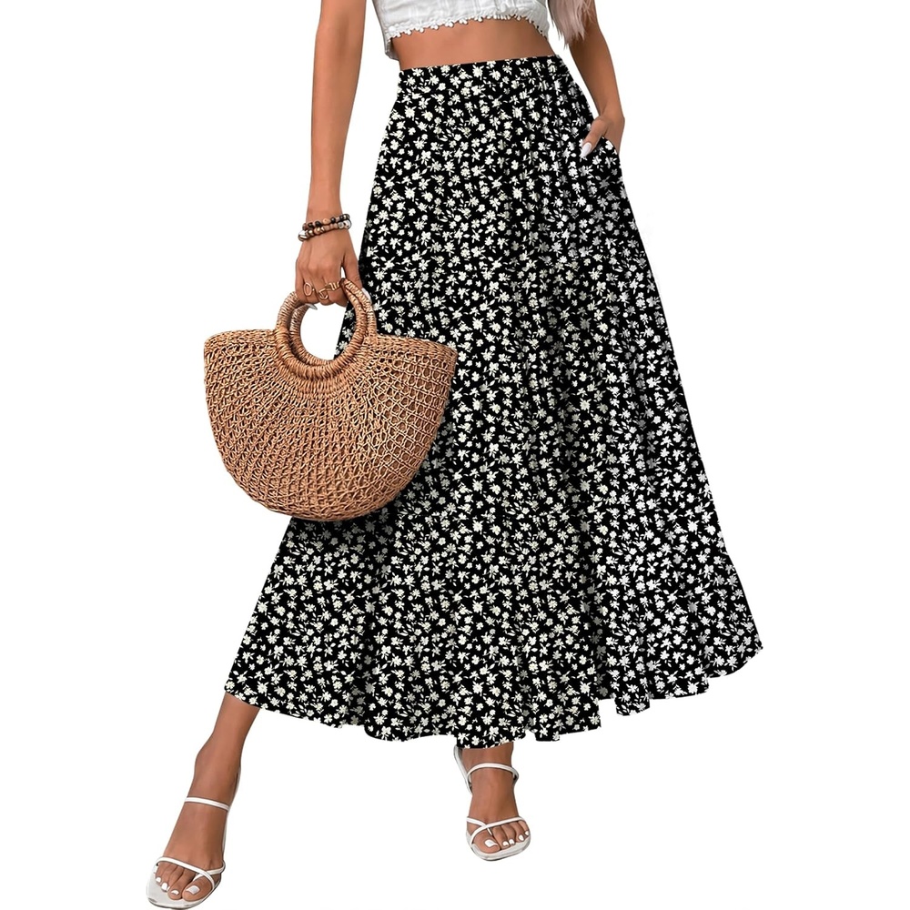 image:imageZeagoo Womens Chiffon Elastic High Waist Pleated Maxi Skirt with PocketsXh581