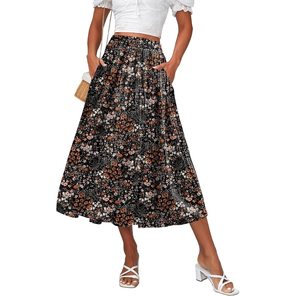 image:imageZeagoo Womens Midi Skirts High Waisted Pleated ALine Swing Skirts Summer Long Skirts with Pockets04black Floral
