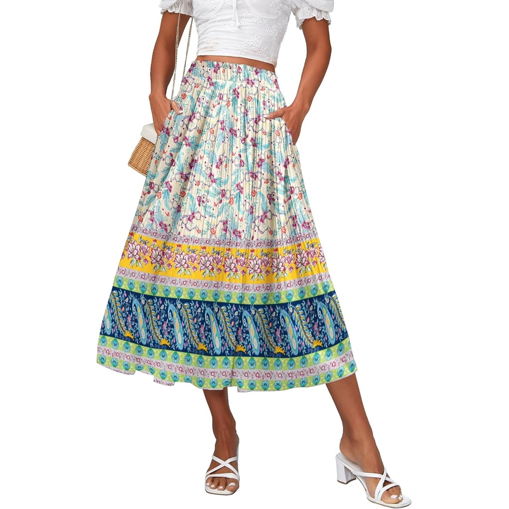 image:imageZeagoo Womens Midi Skirts High Waisted Pleated ALine Swing Skirts Summer Long Skirts with PocketsApricotboho