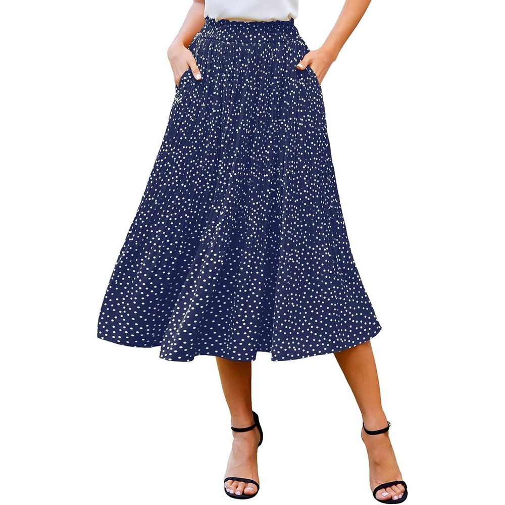 image:imageZeagoo Womens Midi Skirts High Waisted Pleated ALine Swing Skirts Summer Long Skirts with PocketsBluedot