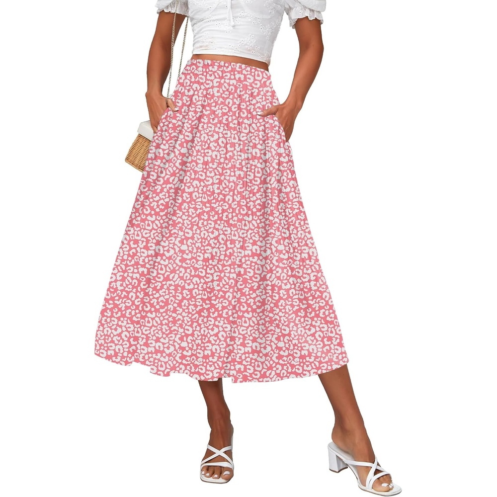 image:imageZeagoo Womens Midi Skirts High Waisted Pleated ALine Swing Skirts Summer Long Skirts with PocketsPink 2