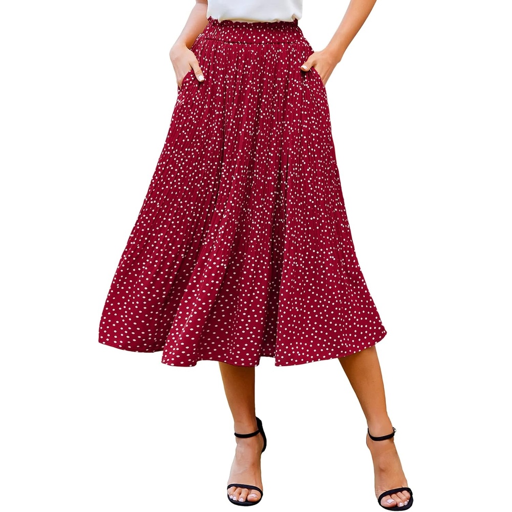 image:imageZeagoo Womens Midi Skirts High Waisted Pleated ALine Swing Skirts Summer Long Skirts with PocketsRed Round Dot