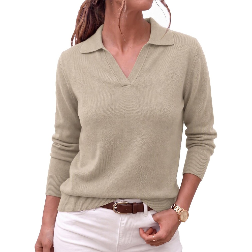image:imageZeagoo Womens Sweaters Long Sleeve Polo V Neck Knitted Business Casual TopsApricot