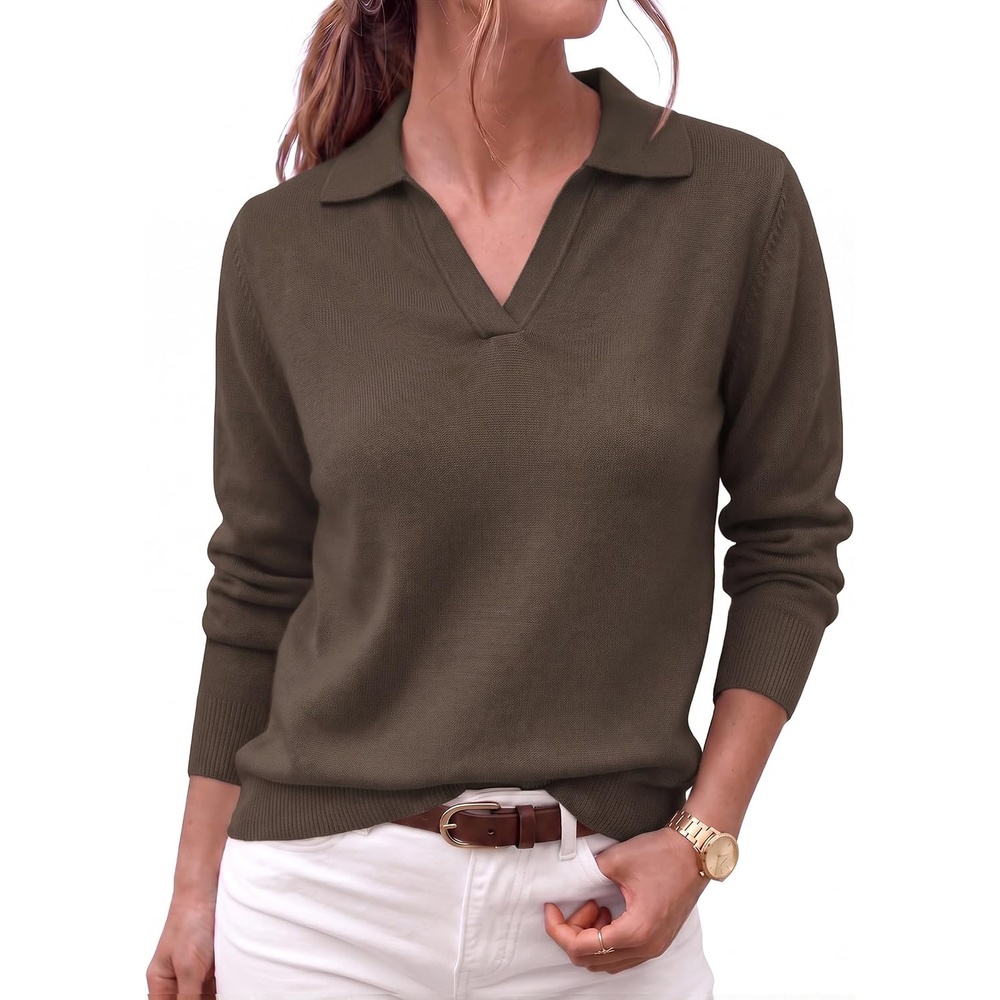 image:imageZeagoo Womens Sweaters Long Sleeve Polo V Neck Knitted Business Casual TopsBrown