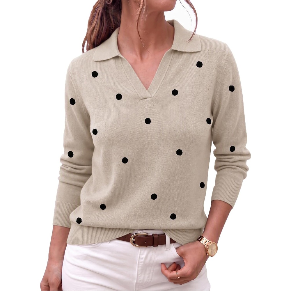 image:imageZeagoo Womens Sweaters Long Sleeve Polo V Neck Knitted Business Casual TopsPolka Dot Apricot