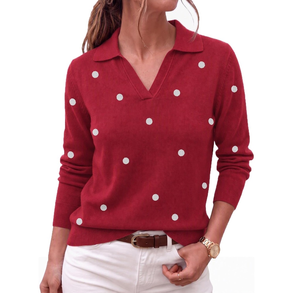 image:imageZeagoo Womens Sweaters Long Sleeve Polo V Neck Knitted Business Casual TopsPolka Dot Red