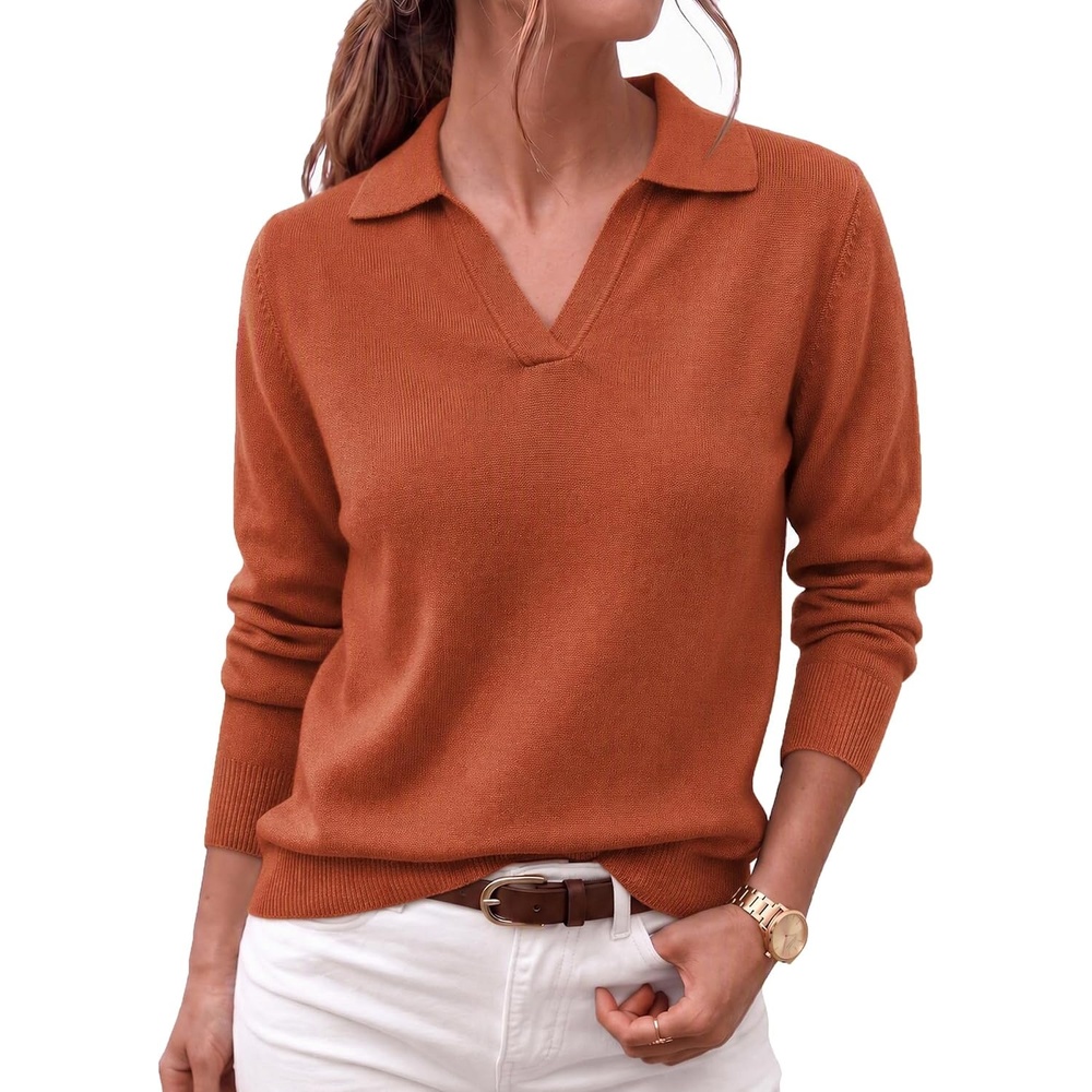 image:imageZeagoo Womens Sweaters Long Sleeve Polo V Neck Knitted Business Casual TopsRust Red