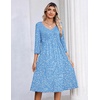 Zeagoo 3/4 Sleeve Women’s Dress Pleated Midi Casual Dresses with Pockets(Floral-light Blue)