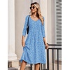 Zeagoo 3/4 Sleeve Women’s Dress Pleated Midi Casual Dresses with Pockets(Floral-light Blue)