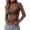Zeagoo Women Mesh Sheer Top Long Sleeve Sexy Shirt Slim Fitted Fall Clothes(Lace Brown)