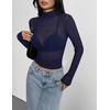 Zeagoo Women Mesh Sheer Top Long Sleeve Sexy Shirt Slim Fitted Fall Clothes(Navy)