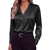 Zeagoo Women Satin Silk Blouses V Neck Long Sleeve Button Down Shirts Tops(Black)