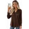 Zeagoo Women Satin Silk Blouses V Neck Long Sleeve Button Down Shirts Tops(Brown)