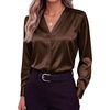 Zeagoo Women Satin Silk Blouses V Neck Long Sleeve Button Down Shirts Tops(Brown)