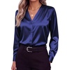 Zeagoo Women Satin Silk Blouses V Neck Long Sleeve Button Down Shirts Tops(Dark Blue)
