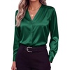 Zeagoo Women Satin Silk Blouses V Neck Long Sleeve Button Down Shirts Tops(Green)