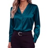 Zeagoo Women Satin Silk Blouses V Neck Long Sleeve Button Down Shirts Tops(Peacock Blue)